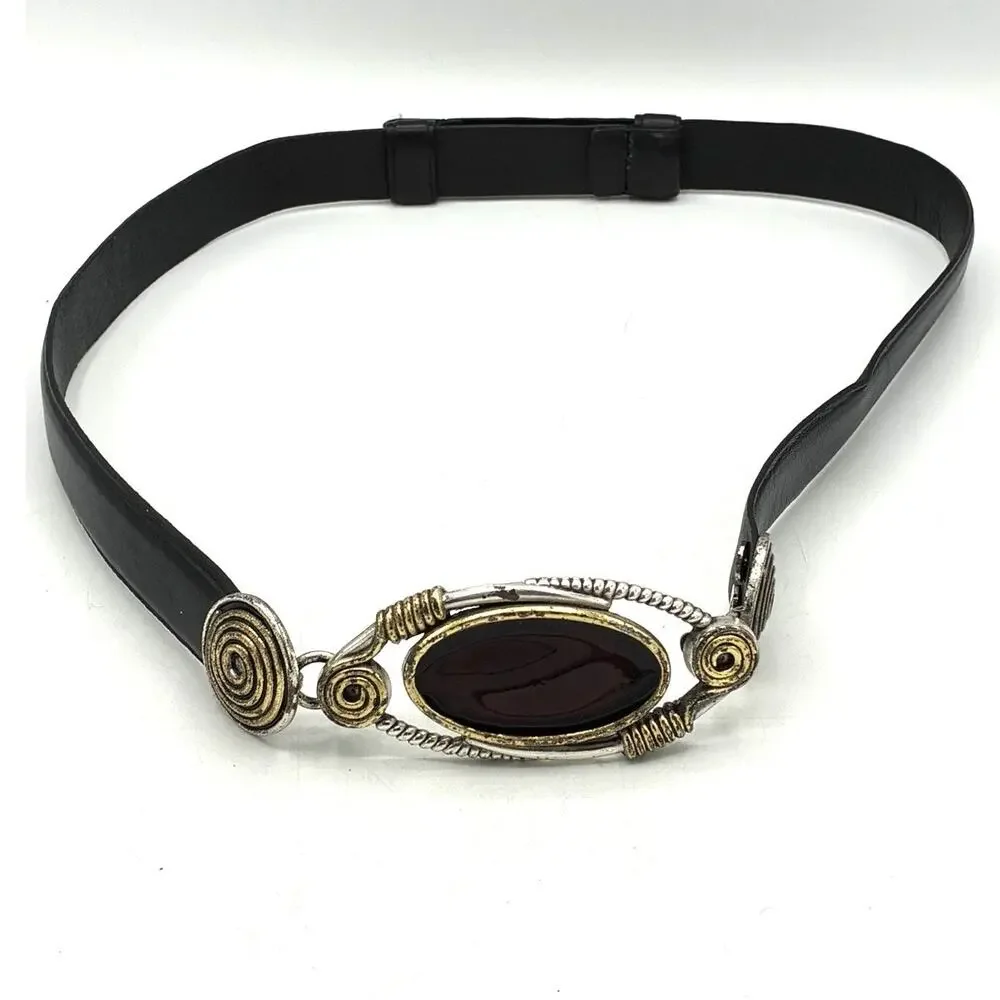 Chico’s Genuine Leather Belt Size S/M Silver Gold Carnelian Stone Buckle